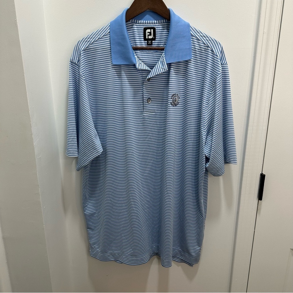 FJ FootJoy Mens Golf Polo Shirt XL Blue‎ White Stripe Etowah Valley Embroidered